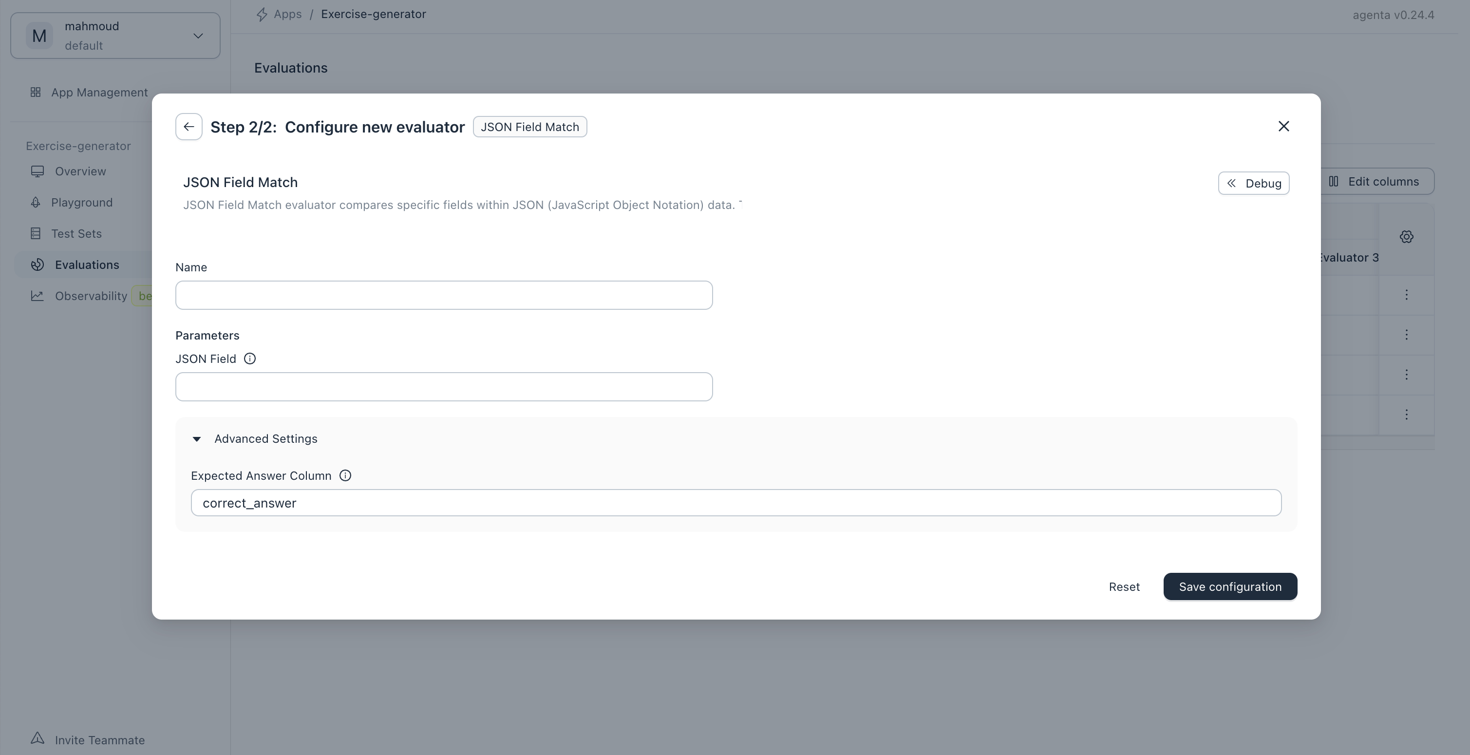 Screen for configuring an evaluator.